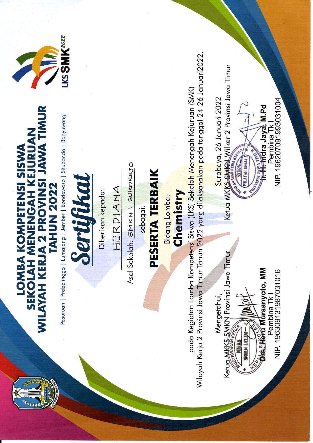 Certificate recognizing participation in the 30th East Java Student Competency Competition (LKS) – Chemistry, representing SMKN 1 Sukorejo.