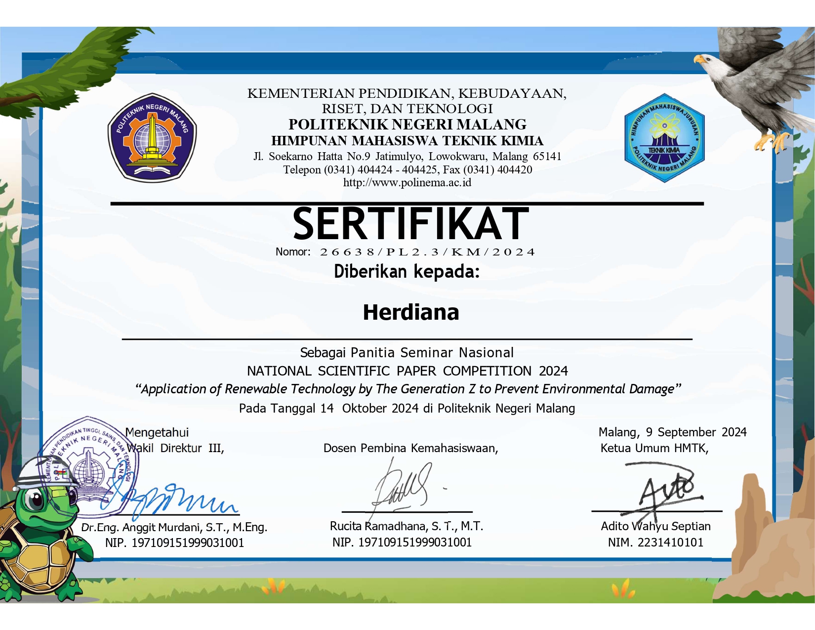 Certificate recognizing participation as a committee member of NAFPACOM 2024, part of Achetone Chemical Engineering National Event.
