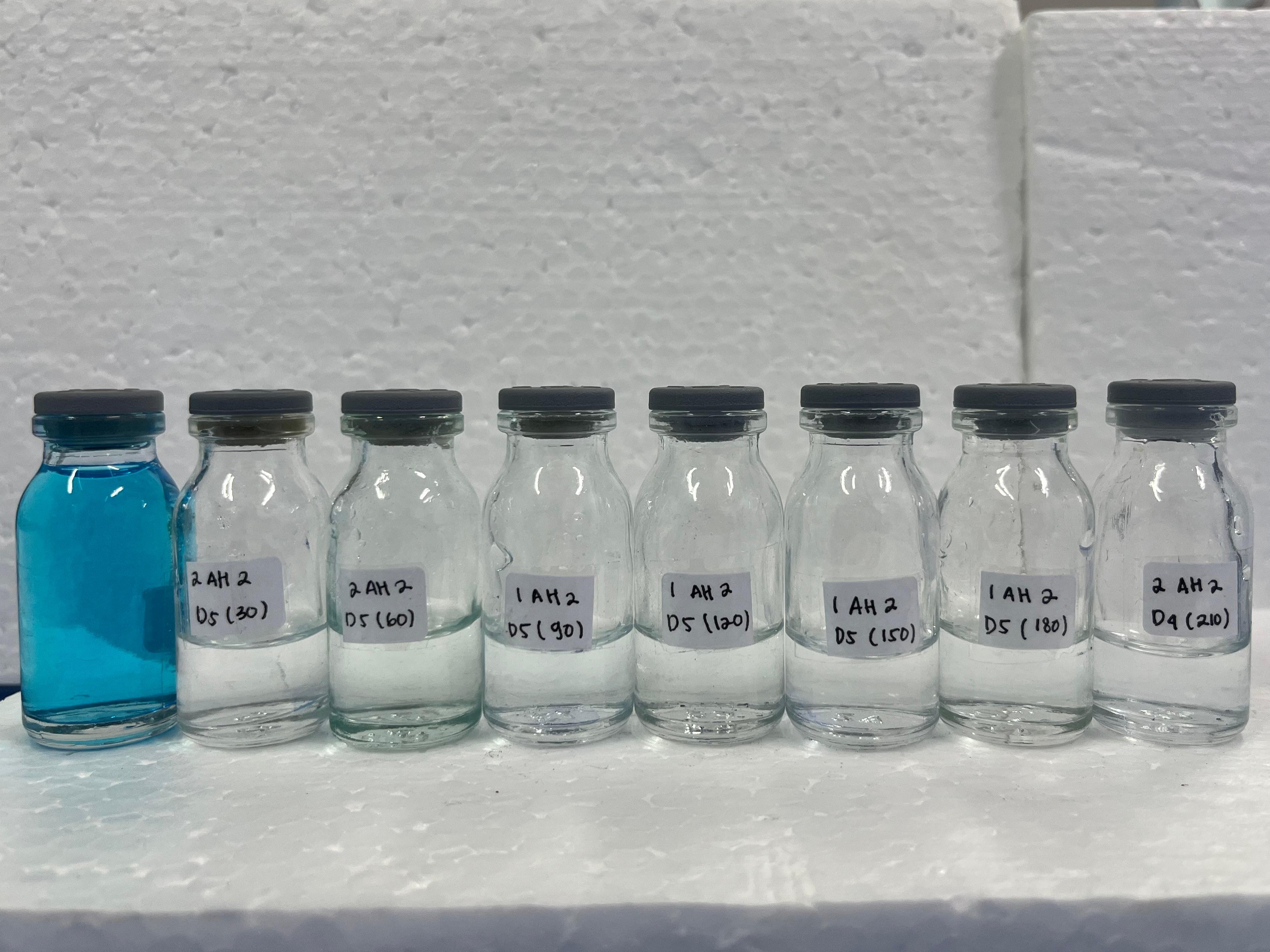 Methylene blue solutions and adsorption samples prepared for evaluating the performance of the bottom ash adsorbent under different experimental conditions.